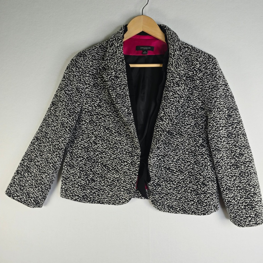 Ann Taylor Womens 6 Black White Tweed Open Front Blazer Grosgrain Trim Jacket